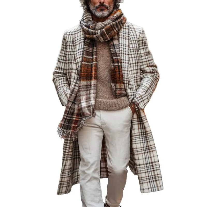 Men's Retro Woolen Material Check Print Lapel Single Breasted Mid-Length Coat 30453410Y sold by Manly