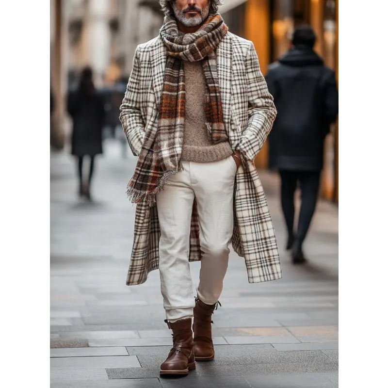 Men's Retro Woolen Material Check Print Lapel Single Breasted Mid-Length Coat 30453410Y sold by Manly product image thumbnail 4