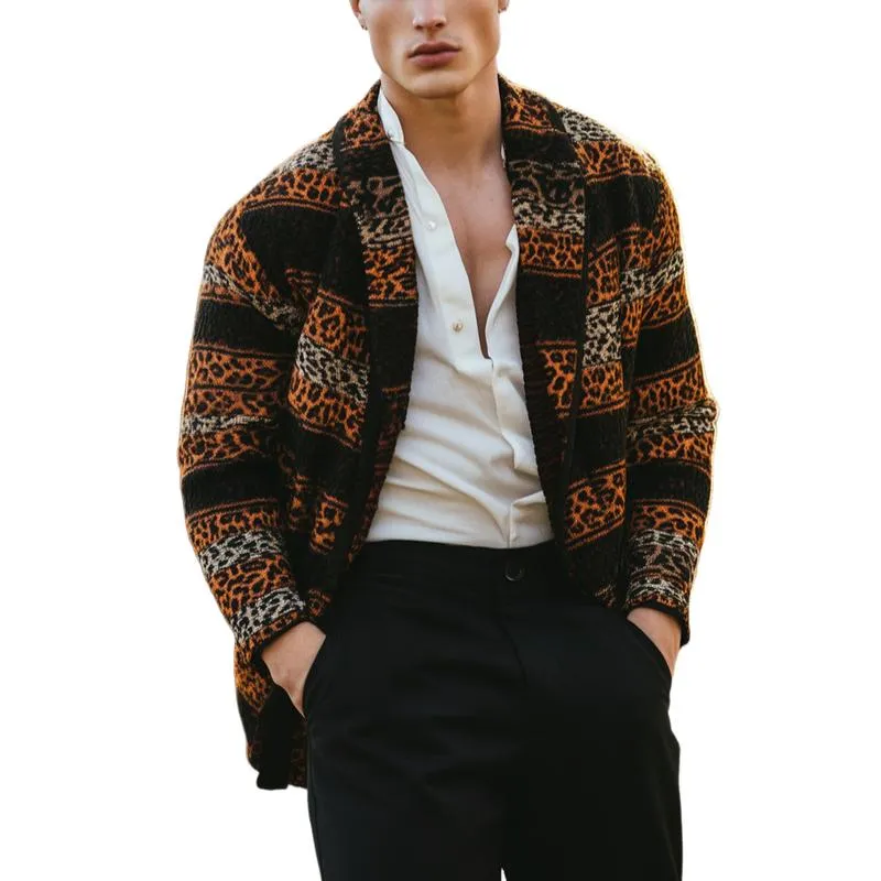 Men's Vintage Leopard Stripe Jacquard Patchwork Lapel Knitted Cardigan 28186469Y sold by Manly
