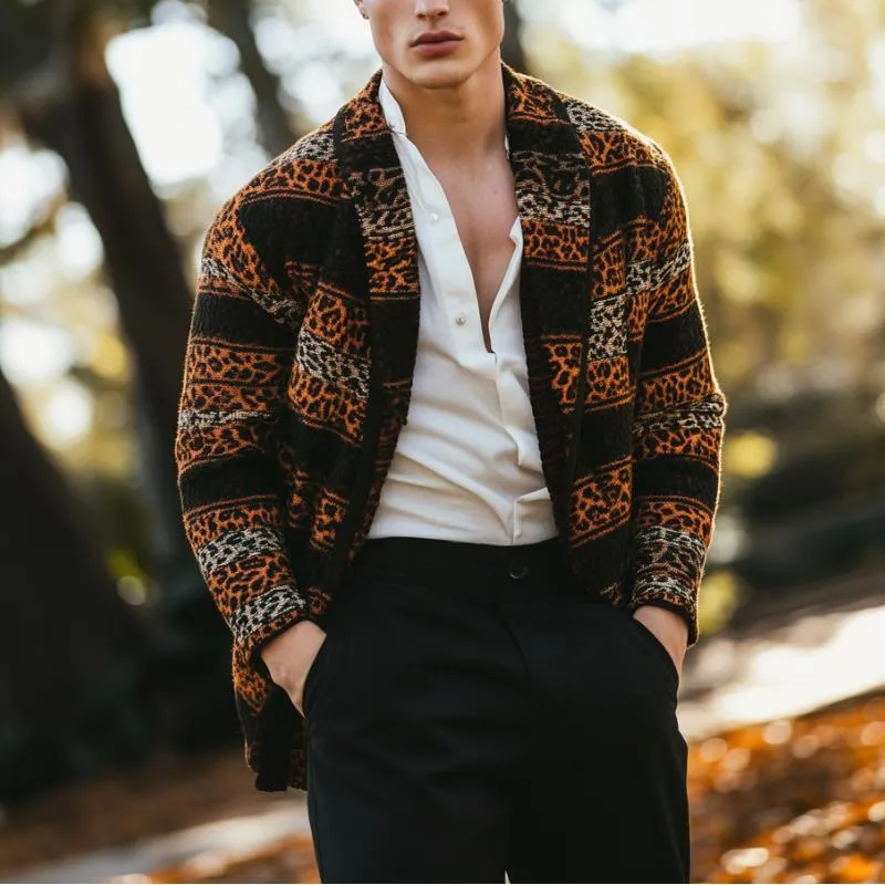 Men's Vintage Leopard Stripe Jacquard Patchwork Lapel Knitted Cardigan 28186469Y sold by Manly product image thumbnail 4
