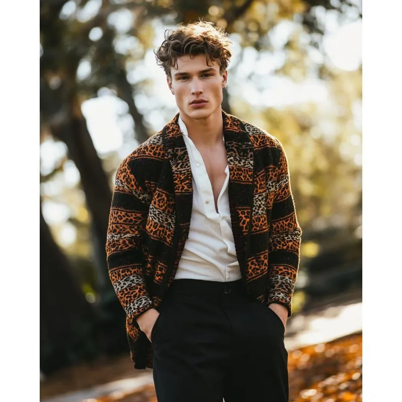 Men's Vintage Leopard Stripe Jacquard Patchwork Lapel Knitted Cardigan 28186469Y sold by Manly product image thumbnail 3