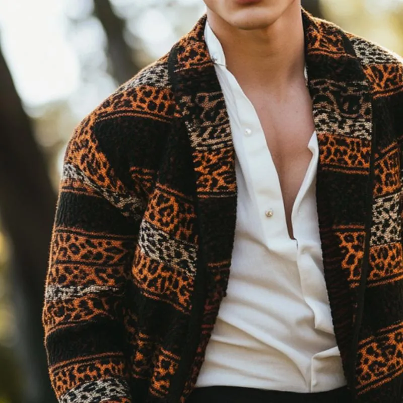 Men's Vintage Leopard Stripe Jacquard Patchwork Lapel Knitted Cardigan 28186469Y sold by Manly product image thumbnail 2