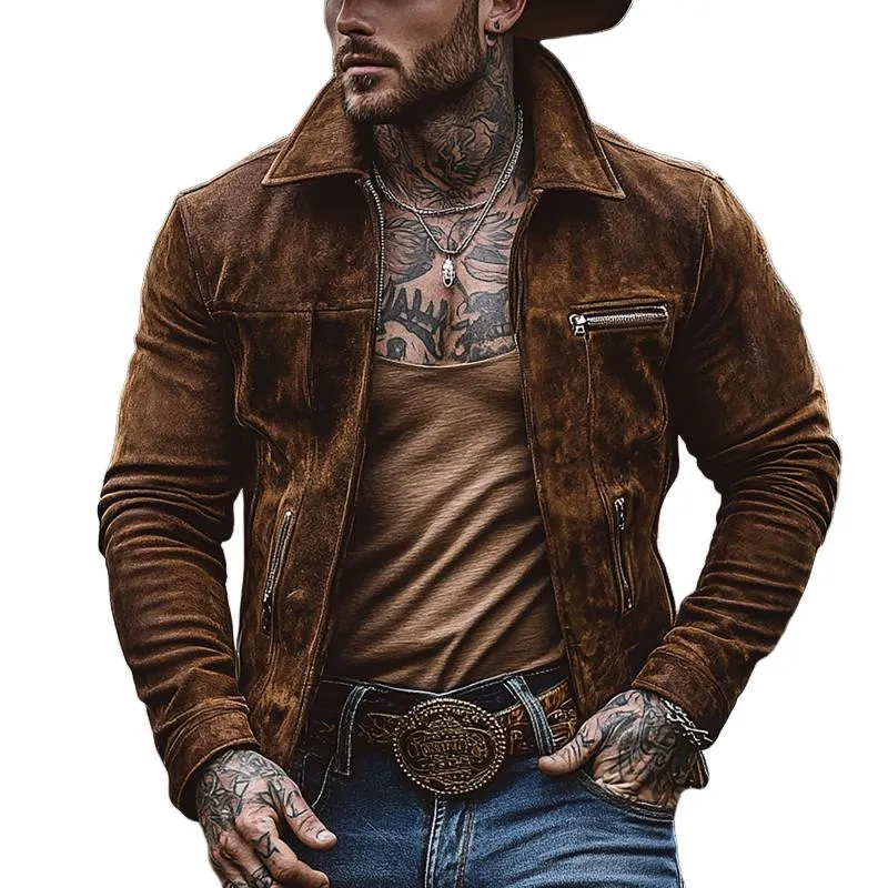 Men's Solid Suede Zippered Chest Pocket Lapel Jacket 51184953Y sold by Manly