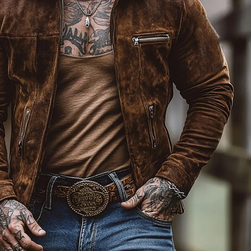 Men's Solid Suede Zippered Chest Pocket Lapel Jacket 51184953Y sold by Manly product image thumbnail 2