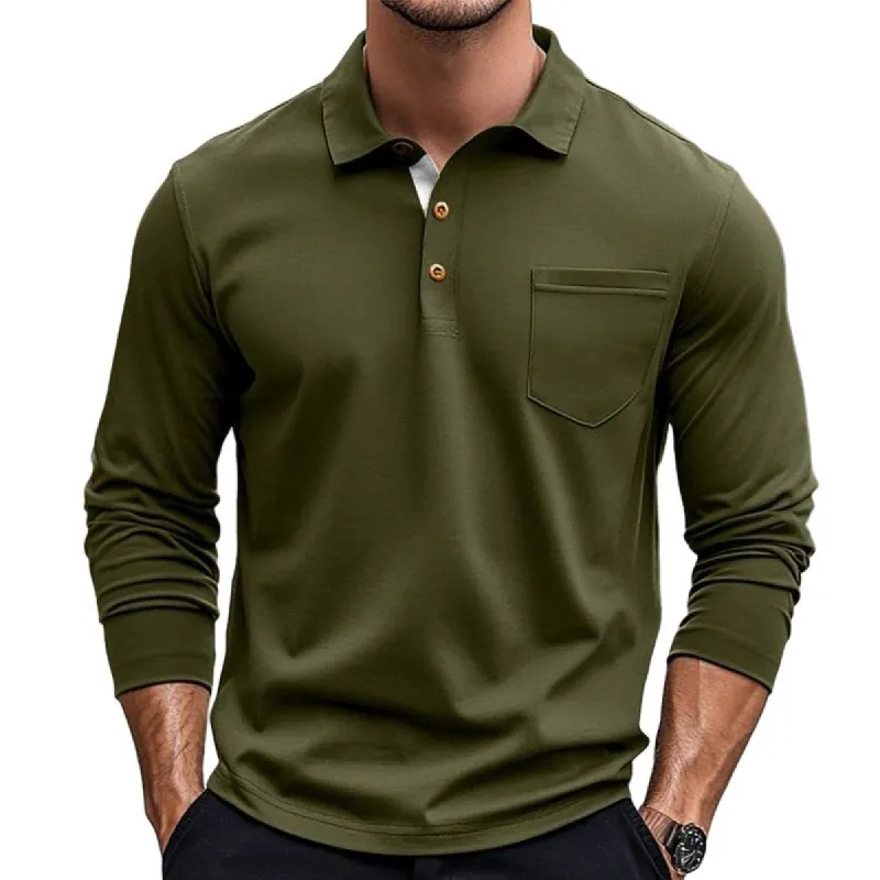 Men's Solid Color Button-Down Lapel Long-Sleeved Polo Shirt 74697399Y sold by Manly