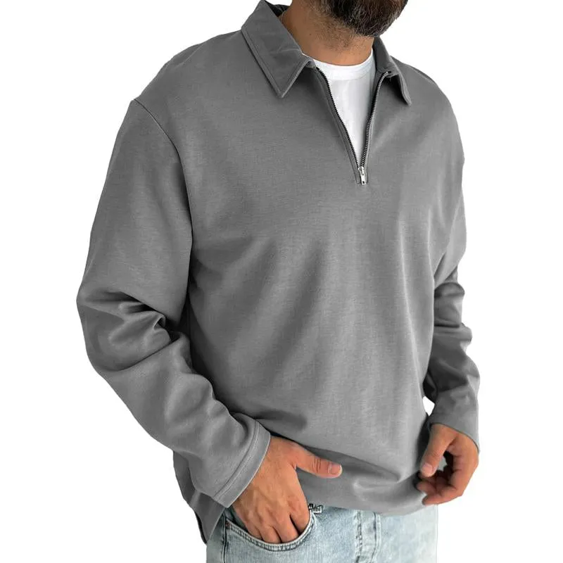 Men's Vintage Solid Color Half Zip Lapel Long Sleeve Sweatshirt 72131898Y sold by Manly product image thumbnail 2