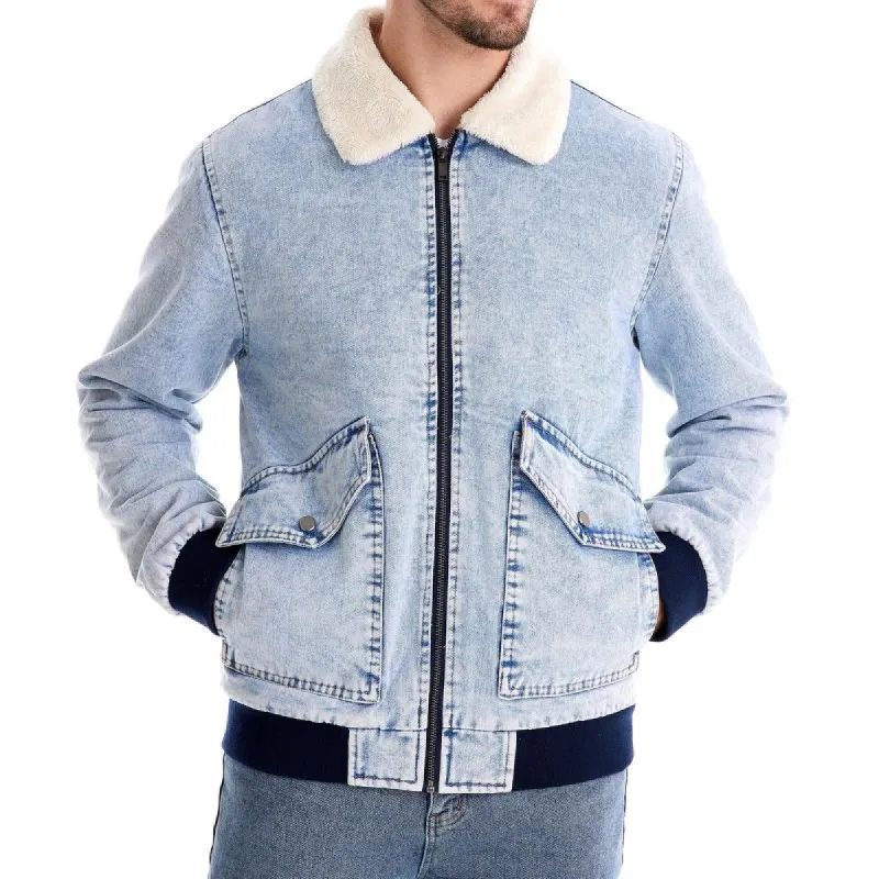 Men's Casual Lapel Thickened Lamb Wool Warm Washed Denim Bomber Jacket 67870569M sold by Manly