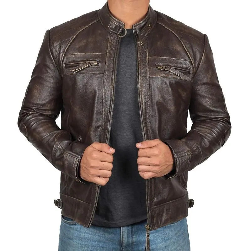 Men's Vintage Stand Collar Zipper Slim Fit Leather Biker Jacket 91469173M sold by Manly product image thumbnail 4