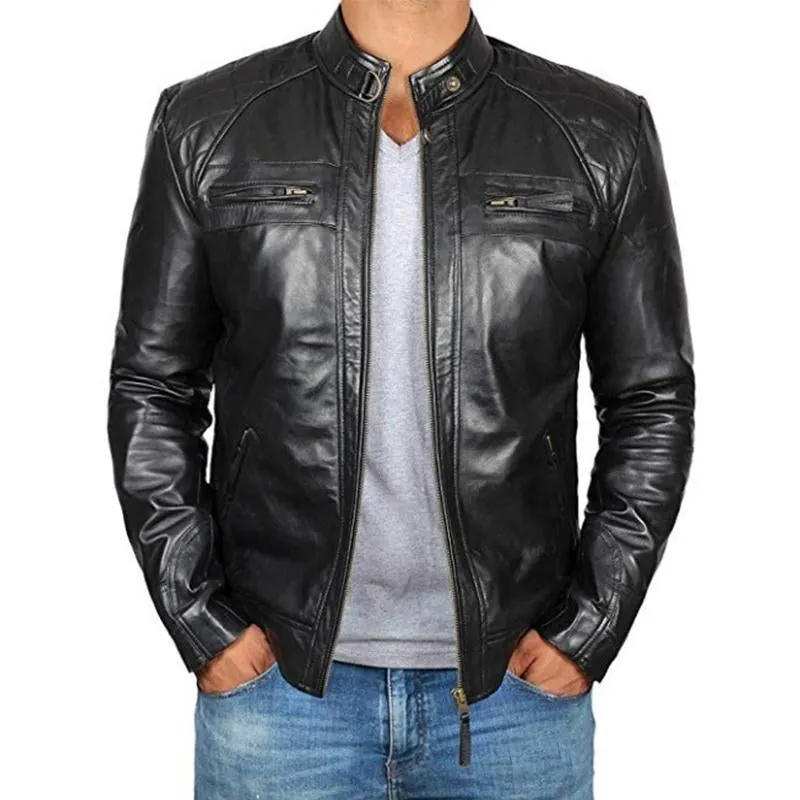 Men's Vintage Stand Collar Zipper Slim Fit Leather Biker Jacket 91469173M sold by Manly