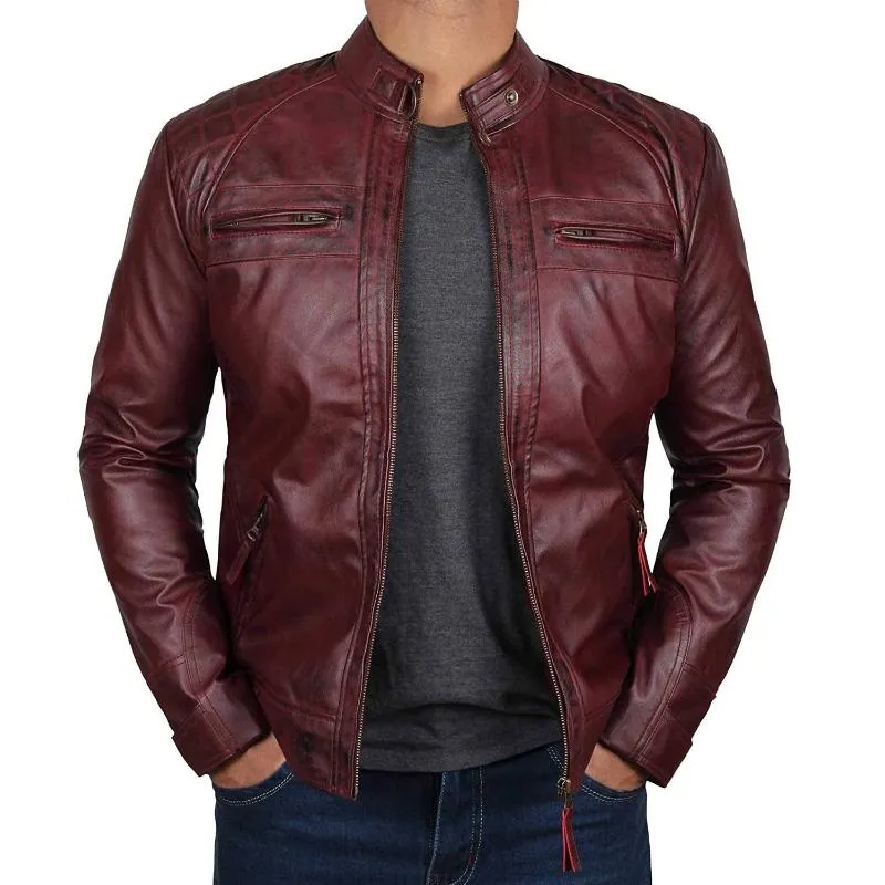 Men's Vintage Stand Collar Zipper Slim Fit Leather Biker Jacket 91469173M sold by Manly product image thumbnail 5