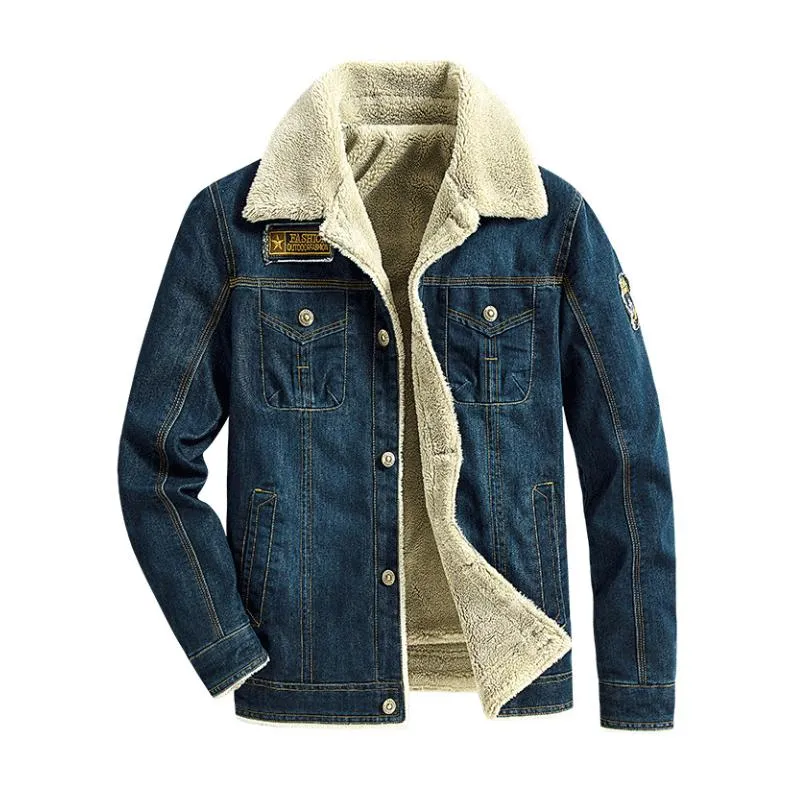 Men's Casual Lapel Lamb Wool Warm Slim Fit Denim Jacket 15897738M sold by Manly