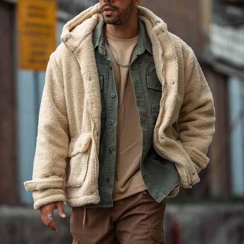 Men's Casual Solid Color Hooded Polar Fleece Warm Loose Coat 86237169M sold by Manly product image thumbnail 2