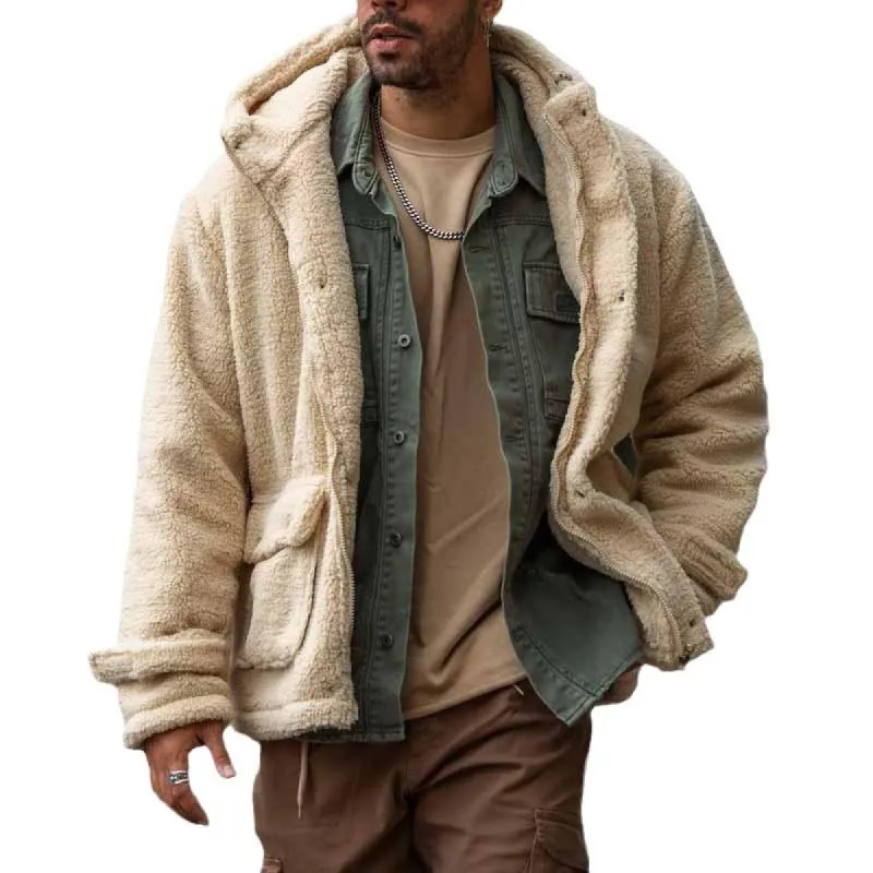 Men's Casual Solid Color Hooded Polar Fleece Warm Loose Coat 86237169M sold by Manly