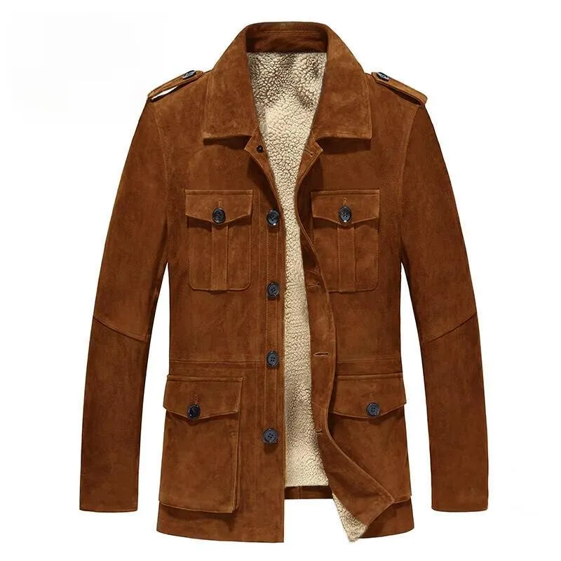 Men's Suede Fleece Lapel Multi-pocket Single Breasted Casual Jacket 18628164Z sold by Manly