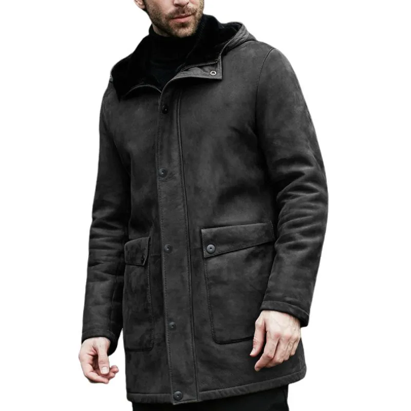 Men's Plush Suede Hooede Single Breasted Mid-length Coat 12907657Z sold by Manly