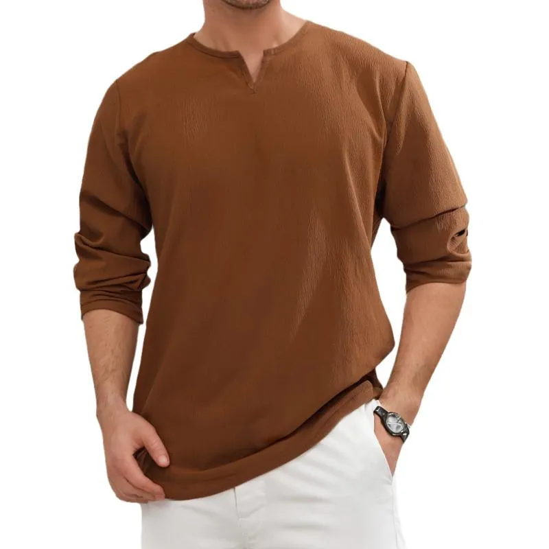 Men's Retro Casual Solid Color Small V Neck Long Sleeve T-shirt 53094656TO sold by Manly