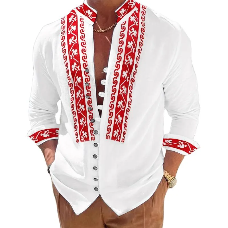 Men's Retro Casual Ethnic Style Geometric Print Stand Collar Long Sleeve Shirt 18288056TO sold by Manly