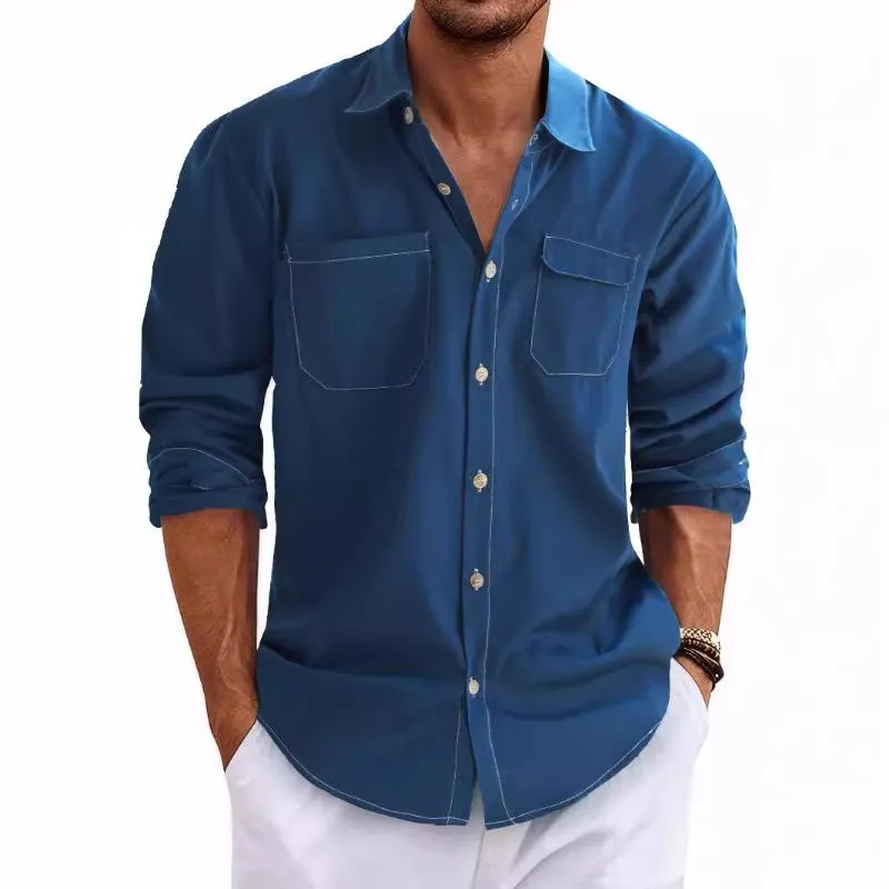 Men's Retro Casual Solid Color Lapel Workwear Long Sleeve Shirt 27612856TO sold by Manly