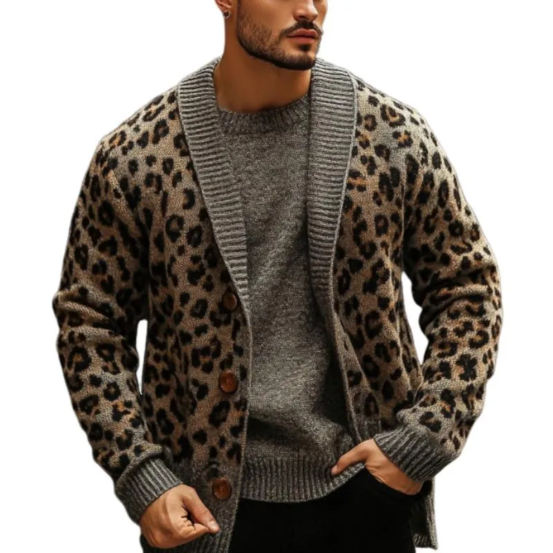 Men's Vintage Colorblock Leopard Jacquard Lapel Knit Cardigan 65321073Y sold by Manly