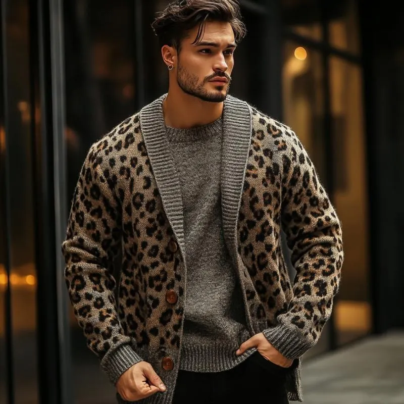 Men's Vintage Colorblock Leopard Jacquard Lapel Knit Cardigan 65321073Y sold by Manly product image thumbnail 3