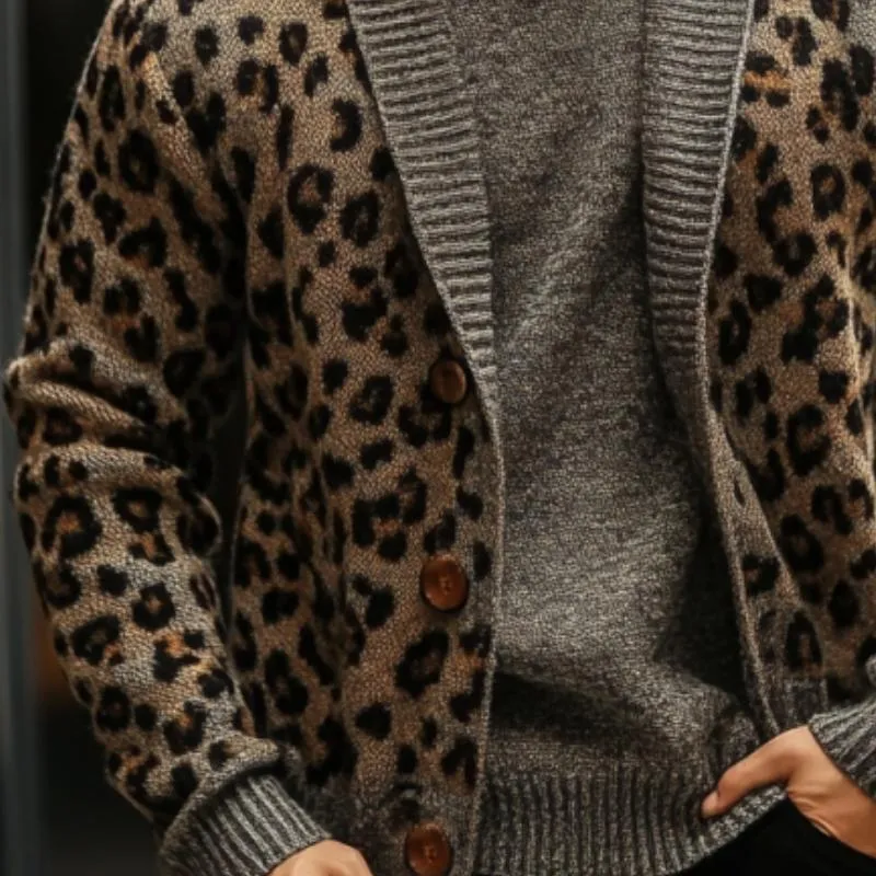 Men's Vintage Colorblock Leopard Jacquard Lapel Knit Cardigan 65321073Y sold by Manly product image thumbnail 2