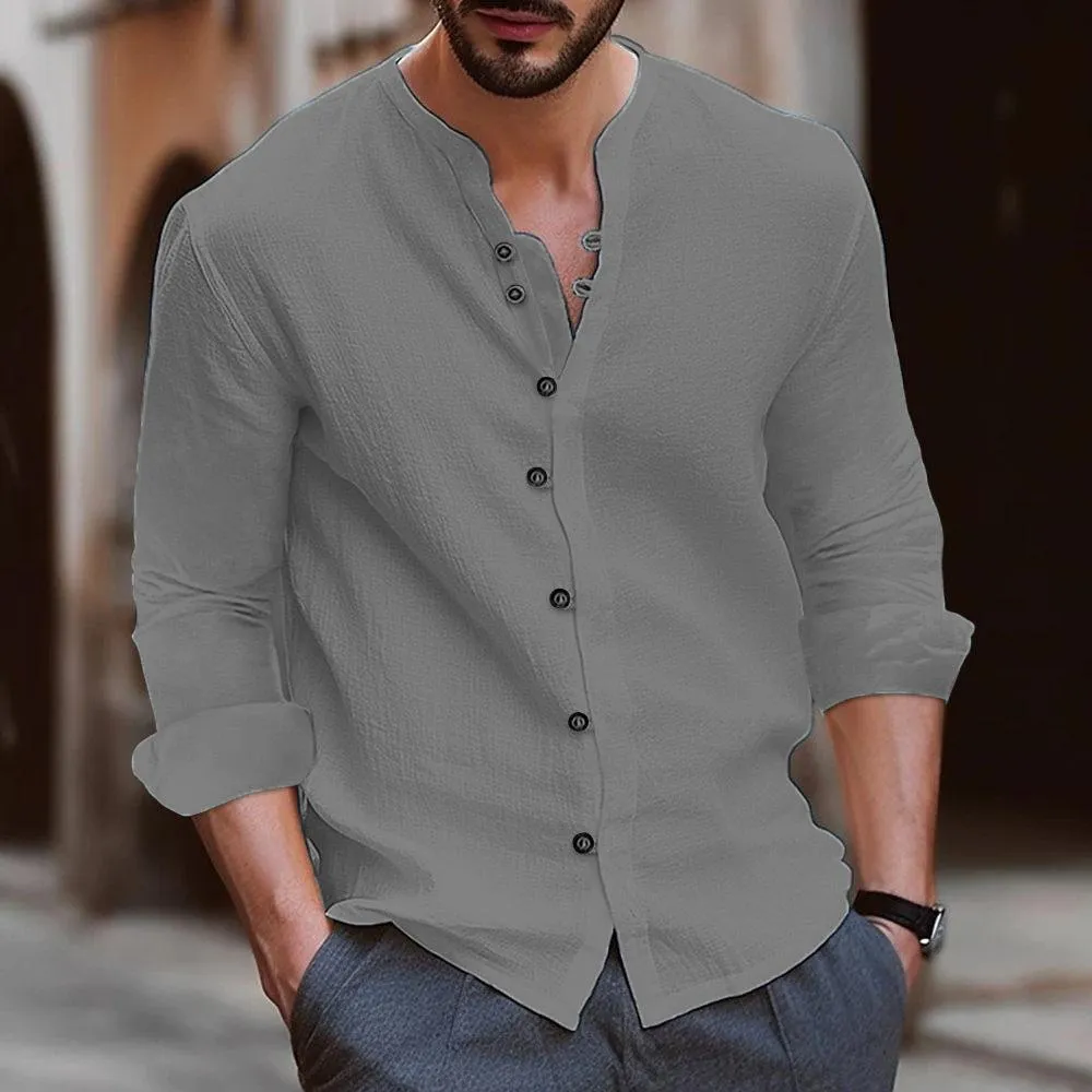 Men's Casual Cotton and Linen Solid Color Long Sleeve Shirt 26552389Y sold by Manly product image thumbnail 4