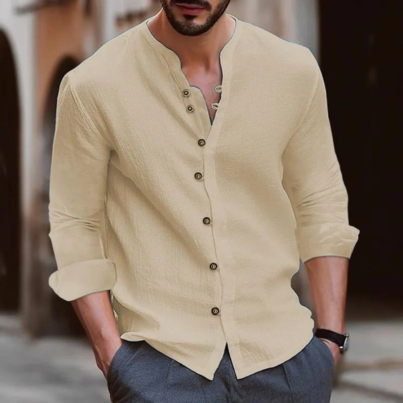 Men's Casual Cotton and Linen Solid Color Long Sleeve Shirt 26552389Y sold by Manly product image thumbnail 5