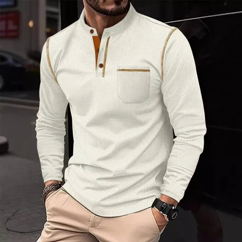 Men's Casual Colorblock Waffle Long Sleeve Stand Collar T-Shirt 83473987Y sold by Manly product image thumbnail 5