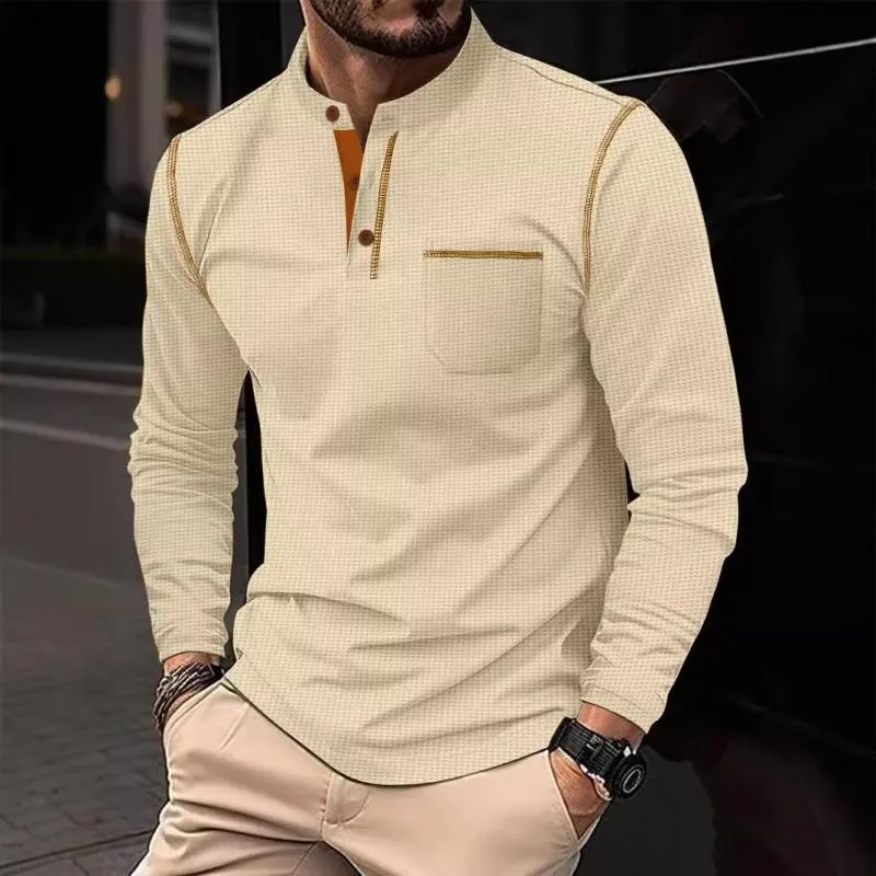 Men's Casual Colorblock Waffle Long Sleeve Stand Collar T-Shirt 83473987Y sold by Manly product image thumbnail 4