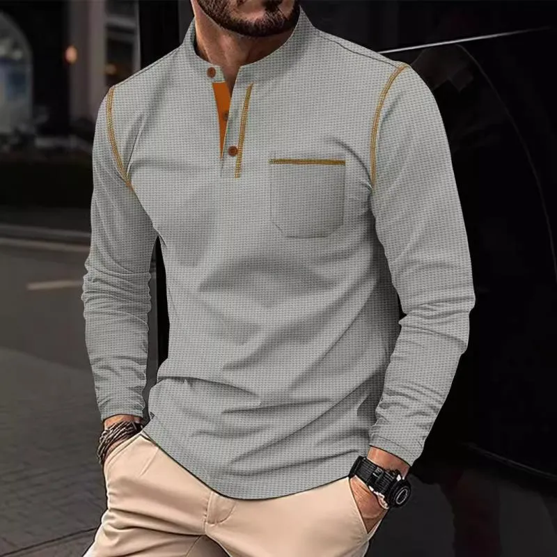 Men's Casual Colorblock Waffle Long Sleeve Stand Collar T-Shirt 83473987Y sold by Manly product image thumbnail 3