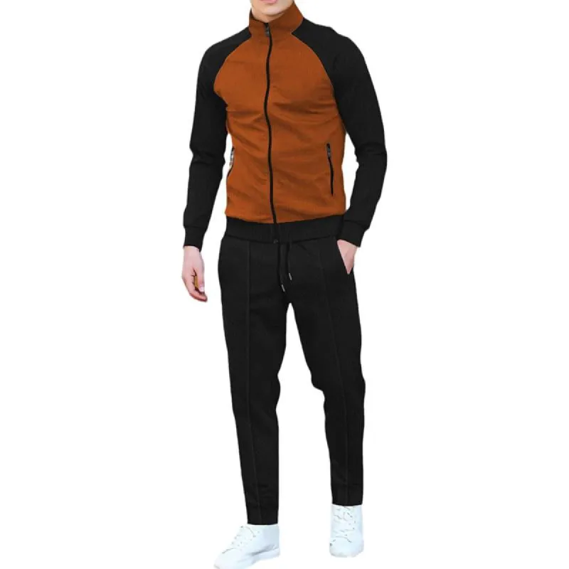 Men's Contrast Color Stand Collar Jacket Casual Pants Sports Two-piece Set 67757381X sold by Manly