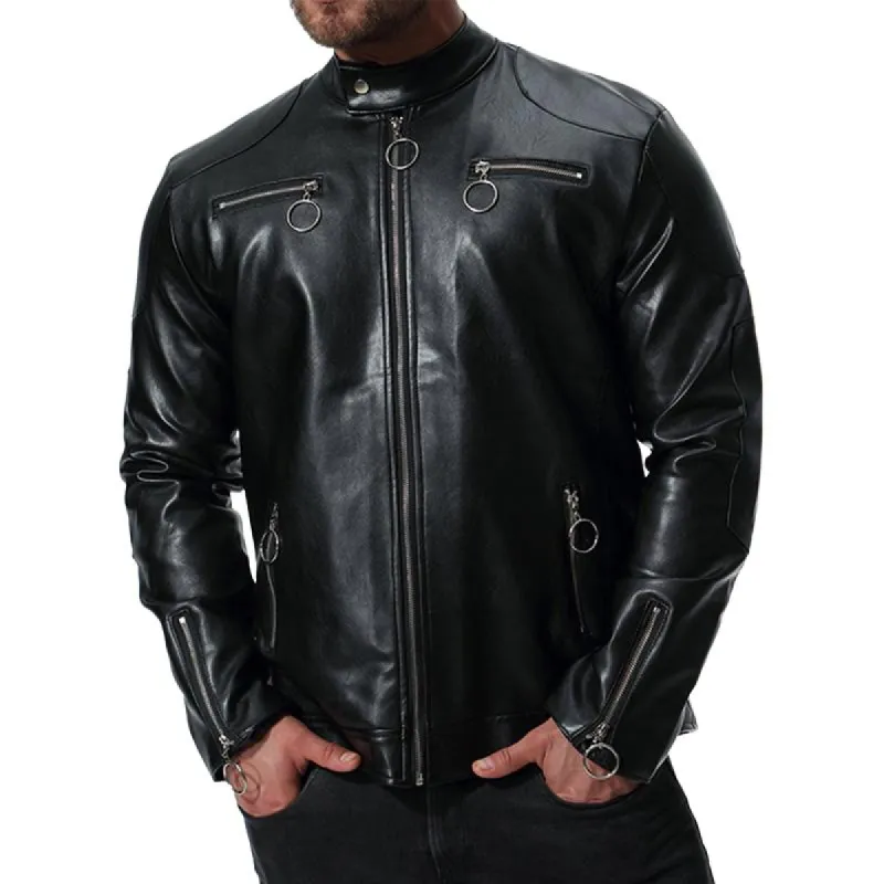 Men's PU Leather Stand Collar Motorcycle Jacket 19595274U sold by Manly
