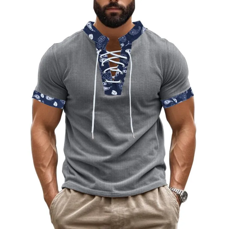 Men's Vintage Patchwork Corduroy Lace-up Stand Collar Short-sleeved T-shirt 19693910X made by Manly