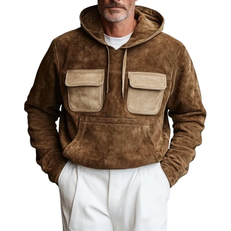 Men's Retro Casual Leather Colorblock Hooded Sweatshirt 38035068TO sold by Manly