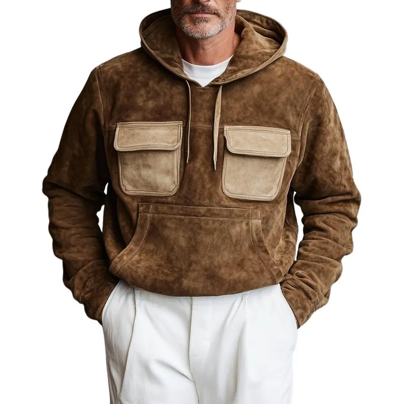 Men's Retro Casual Leather Colorblock Hooded Sweatshirt 38035068TO sold by Manly