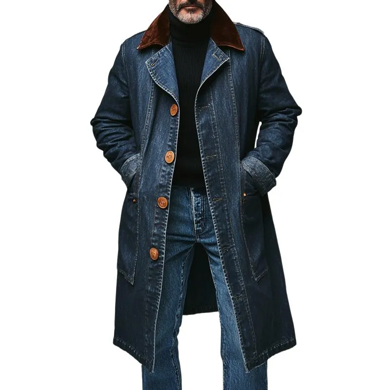 Men's Retro Casual Washed Denim Colorblock Mid-Length Coat 86980697TO sold by Manly