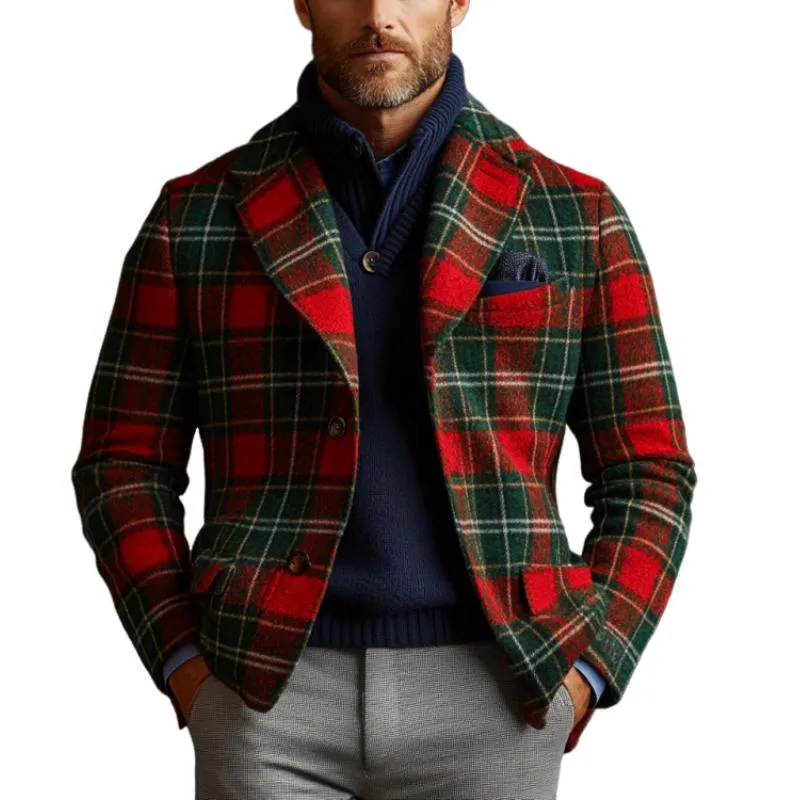 Men's Vintage Christmas Colorblock Plaid Print Tweed Lapel Single-Breasted Blazer 25819467Y sold by Manly
