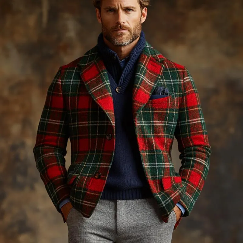 Men's Vintage Christmas Colorblock Plaid Print Tweed Lapel Single-Breasted Blazer 25819467Y sold by Manly product image thumbnail 3
