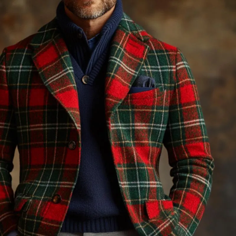 Men's Vintage Christmas Colorblock Plaid Print Tweed Lapel Single-Breasted Blazer 25819467Y sold by Manly product image thumbnail 2