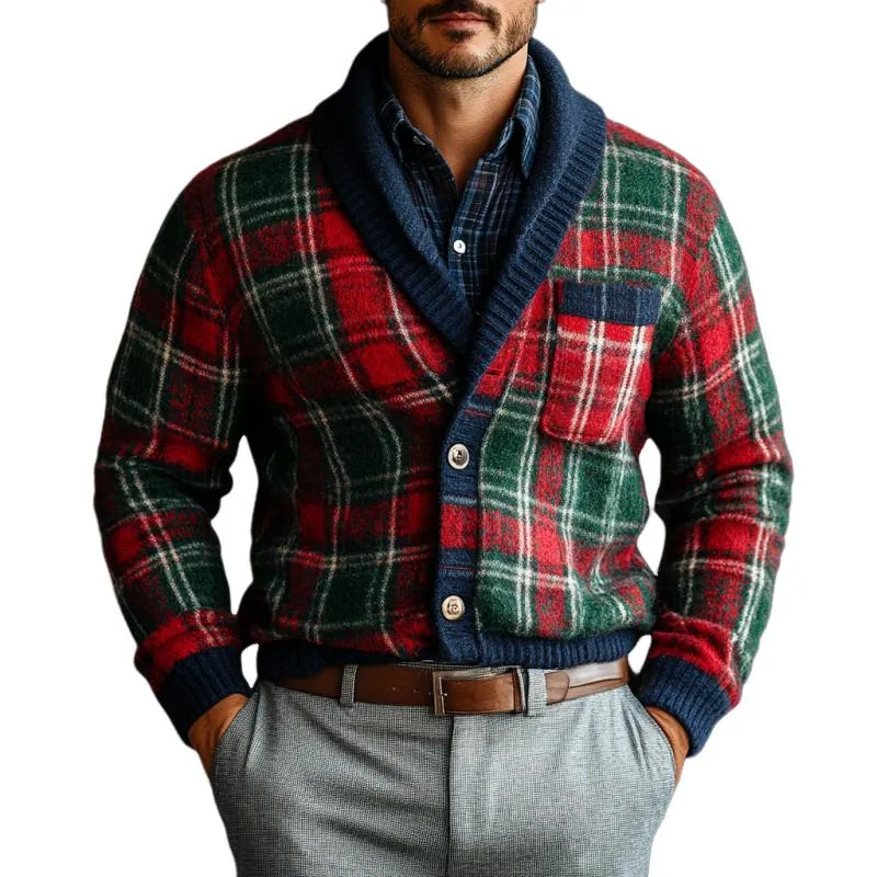 Men's Vintage Christmas Colorful Check Lapel Chest Pocket Knit Cardigan 65800846Y sold by Manly