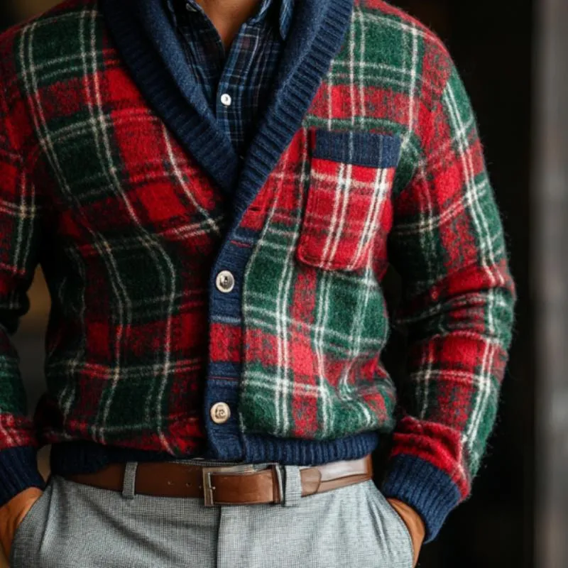 Men's Vintage Christmas Colorful Check Lapel Chest Pocket Knit Cardigan 65800846Y sold by Manly product image thumbnail 2