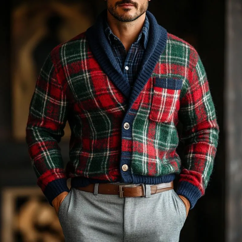 Men's Vintage Christmas Colorful Check Lapel Chest Pocket Knit Cardigan 65800846Y sold by Manly product image thumbnail 3