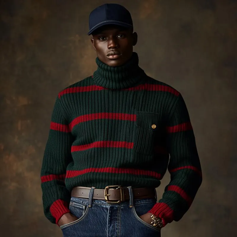 Men's Vintage Christmas Color-Blocked Striped Knitted Turtleneck Chest Pocket Sweater 76961812Y sold by Manly product image thumbnail 3
