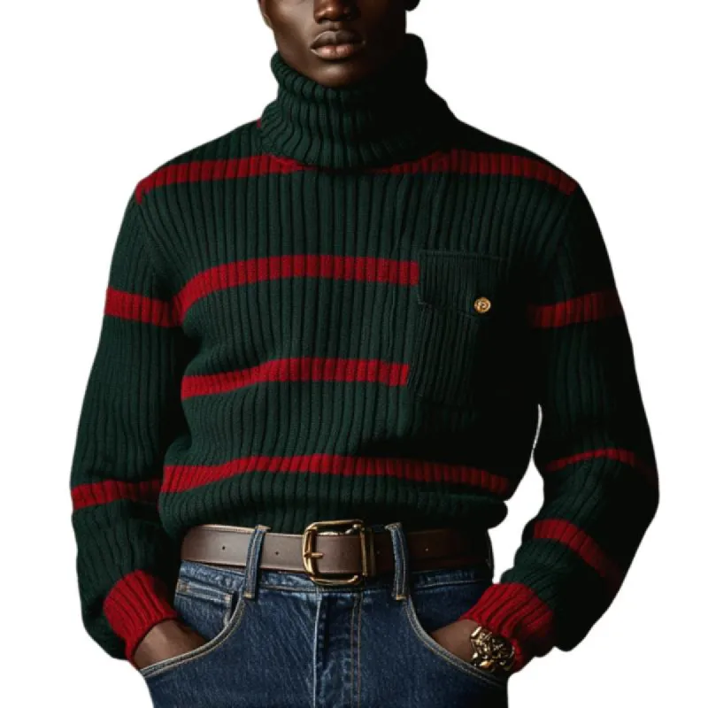 Men's Vintage Christmas Color-Blocked Striped Knitted Turtleneck Chest Pocket Sweater 76961812Y sold by Manly