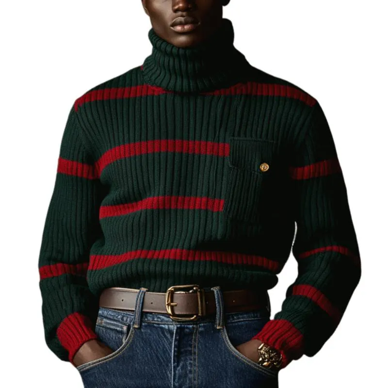 Men's Vintage Christmas Color-Blocked Striped Knitted Turtleneck Chest Pocket Sweater 76961812Y sold by Manly
