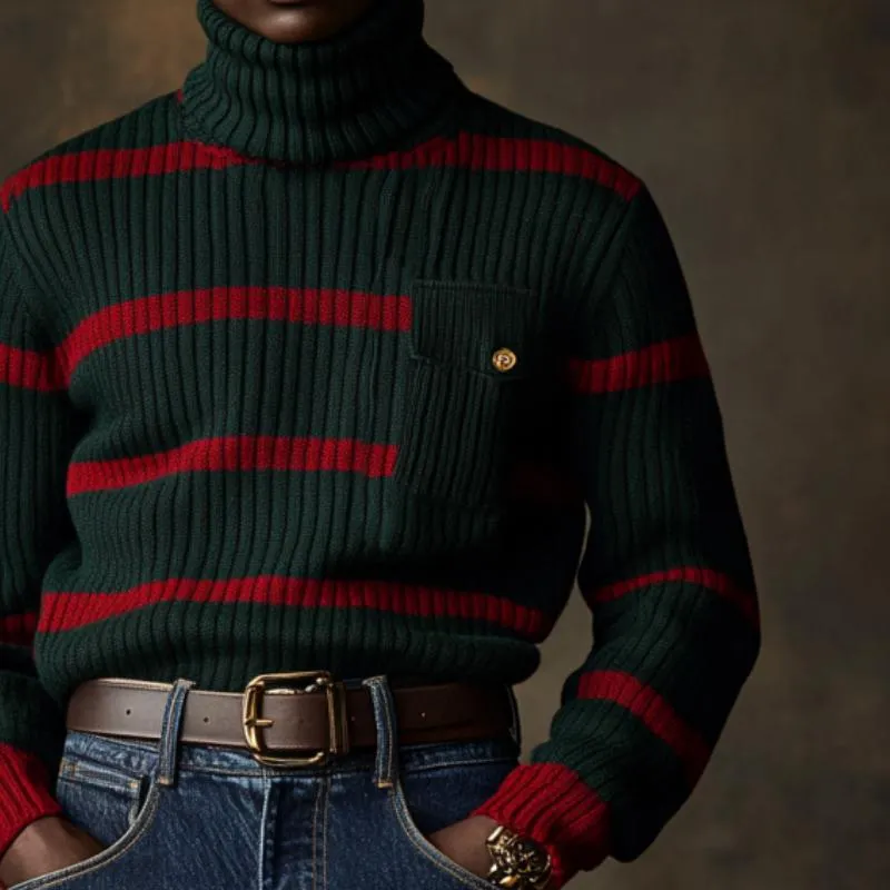 Men's Vintage Christmas Color-Blocked Striped Knitted Turtleneck Chest Pocket Sweater 76961812Y sold by Manly product image thumbnail 2