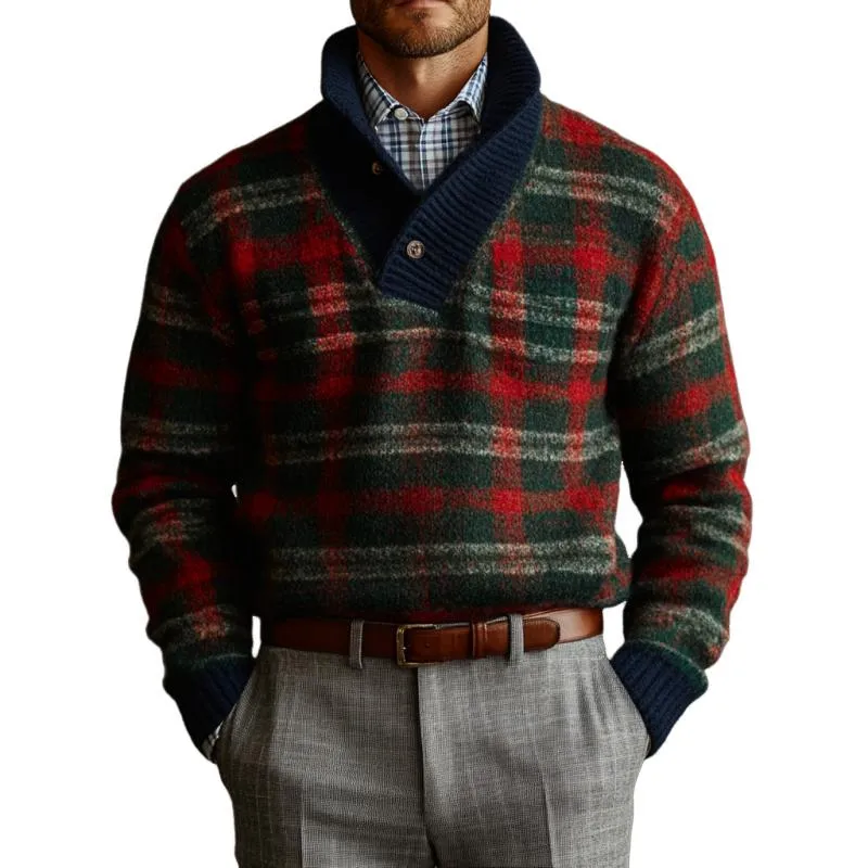 Men's Vintage Christmas Colorblock Plaid Knit Button Turtleneck Sweater 83236082Y sold by Manly