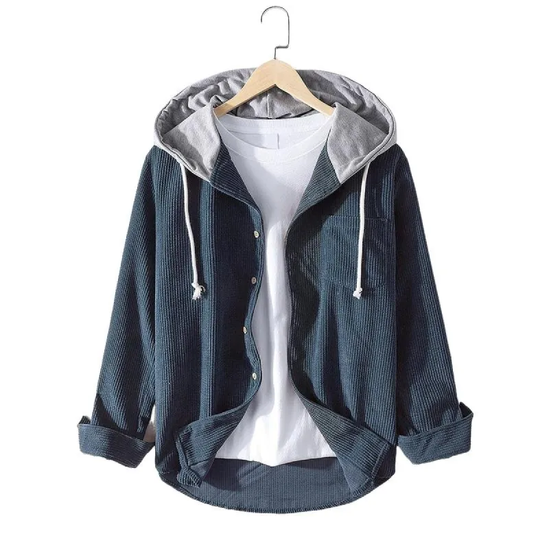 Men's Casual Solid Color Corduroy Hooded Long Sleeve Shirt 04842813Y sold by Manly