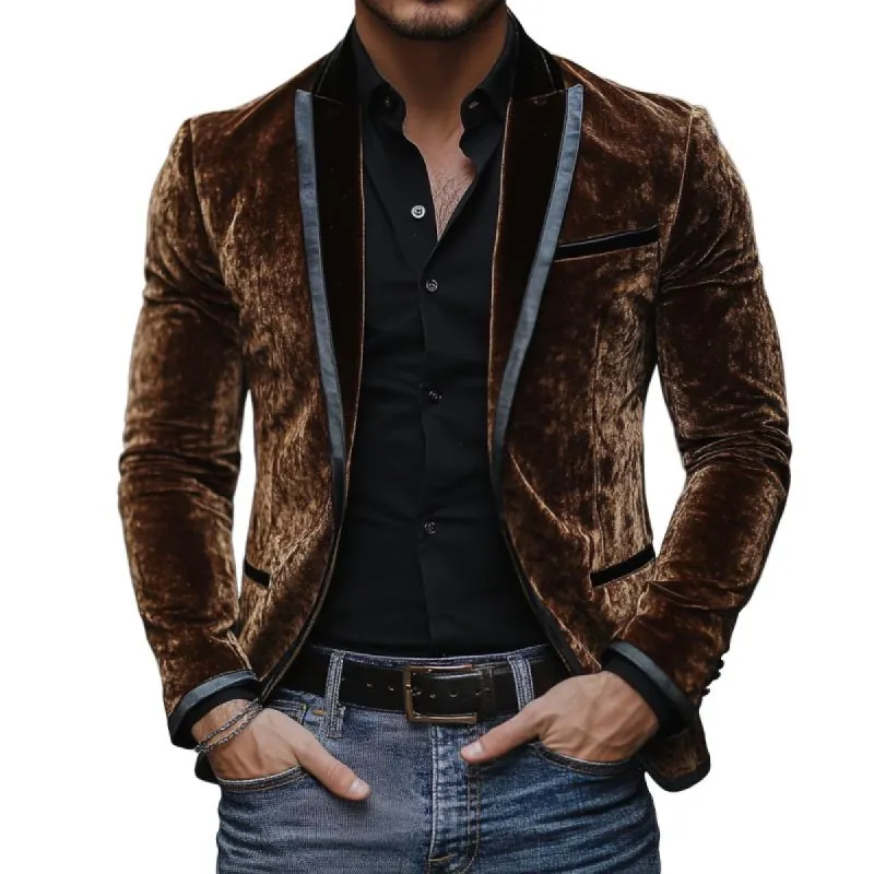 Men's Vintage Velvet Leather Patchwork Peak Lapel Single Breasted Blazer 23925801M sold by Manly