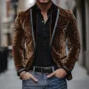 Men's Vintage Velvet Leather Patchwork Peak Lapel Single Breasted Blazer 23925801M sold by Manly